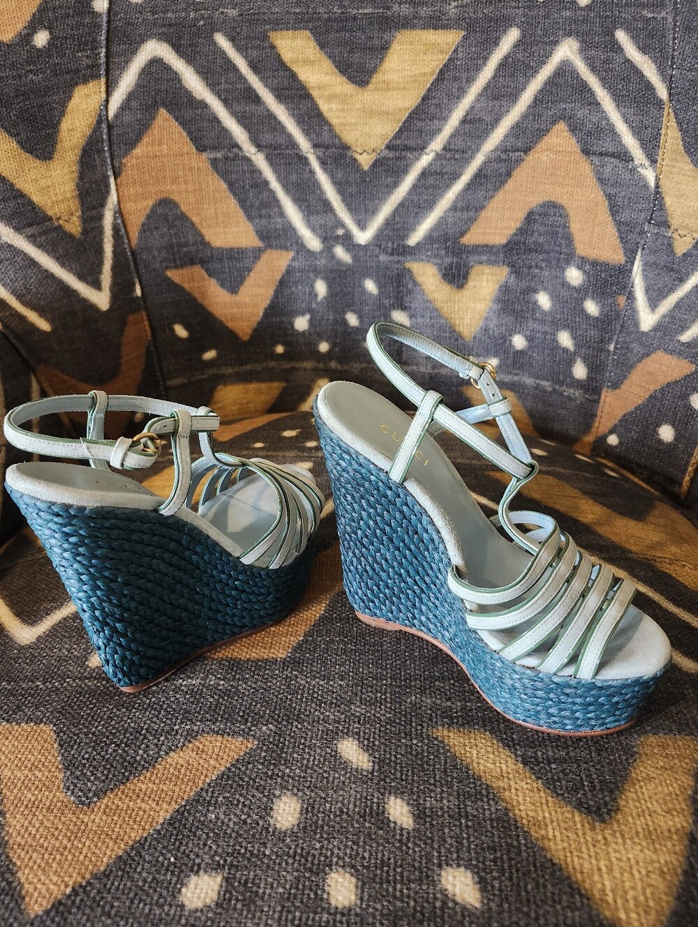 Sale✨ GUCCI Rare Vtg Y2K Teal Raffia Espadrille Platform Wedges 34.5 Near Mint - Picture 5 of 9